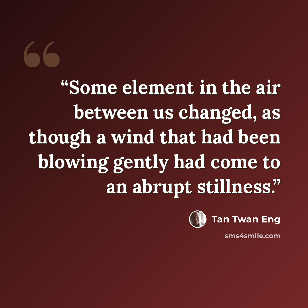 “Some element in the air between us changed, as though a wind that had been blowing gently had come to an abrupt stillness.” quote by Tan Twan Eng