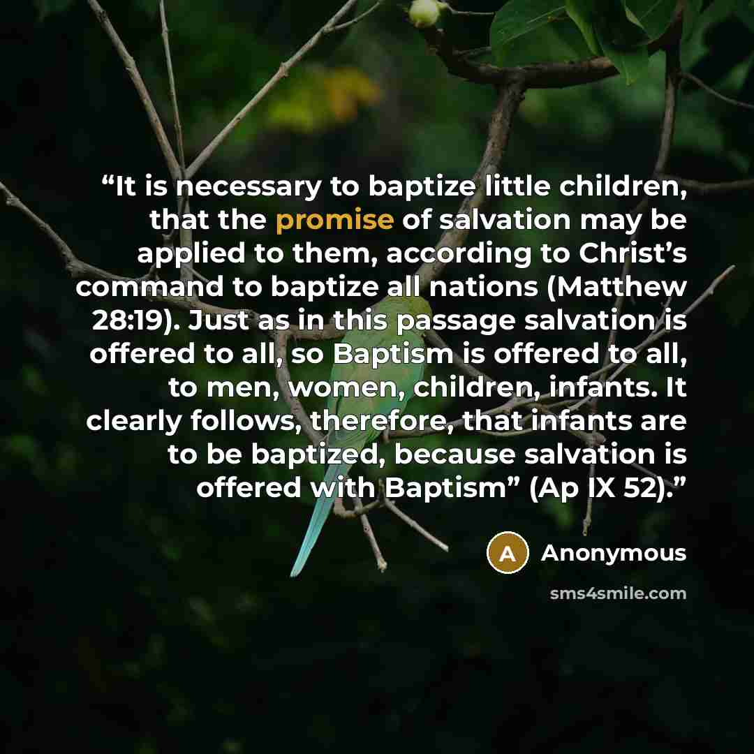 “It is necessary to baptize little children, that the promise of salvation may be applied to them, according to Christ’s command to baptize all nations (Matthew 28:19). Just as in this passage salvation is offered to all, so Baptism is offered to all, to men, women, children, infants. It clearly…” quote by Anonymous