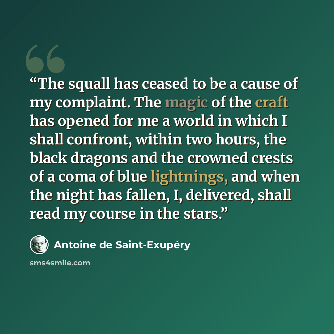 “The squall has ceased to be a cause of my complaint. The magic of the craft has opened for me a world in which I shall confront, within two hours, the black dragons and the crowned crests of a coma of blue lightnings, and when the night has fallen, I, delivered, shall read my course in the stars.” quote by Antoine de Saint-Exupéry