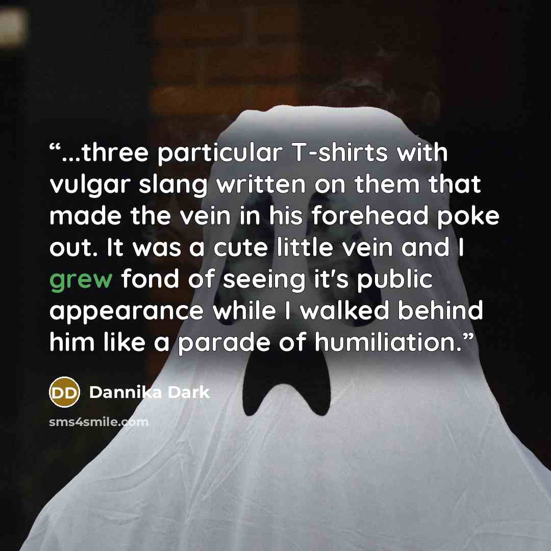 “...three particular T-shirts with vulgar slang written on them that made the vein in his forehead poke out. It was a cute little vein and I grew fond of seeing it's public appearance while I walked behind him like a parade of humiliation.” quote by Dannika Dark