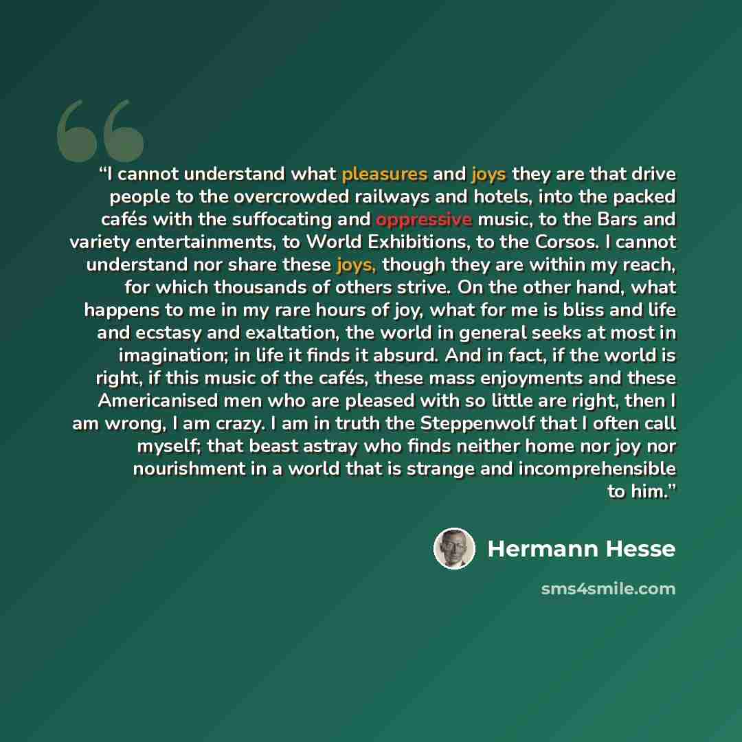 “I cannot understand what pleasures and joys they are that drive people to the overcrowded railways and hotels, into the packed cafés with the suffocating and oppressive music, to the Bars and variety entertainments, to World Exhibitions, to the Corsos. I cannot understand nor share these joys…” quote by Hermann Hesse