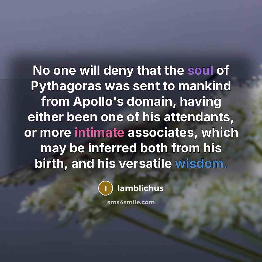 “No one will deny that the soul of Pythagoras was sent to mankind from Apollo's domain, having either been one of his attendants, or more intimate associates, which may be inferred both from his birth, and his versatile wisdom.” quote by Iamblichus