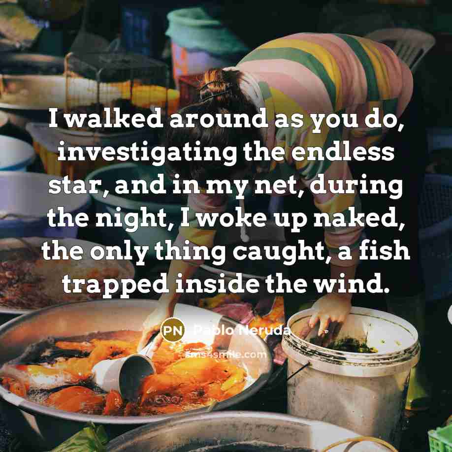 “I walked around as you do, investigating the endless star, and in my net, during the night, I woke up naked, the only thing caught, a fish trapped inside the wind.” quote by Pablo Neruda