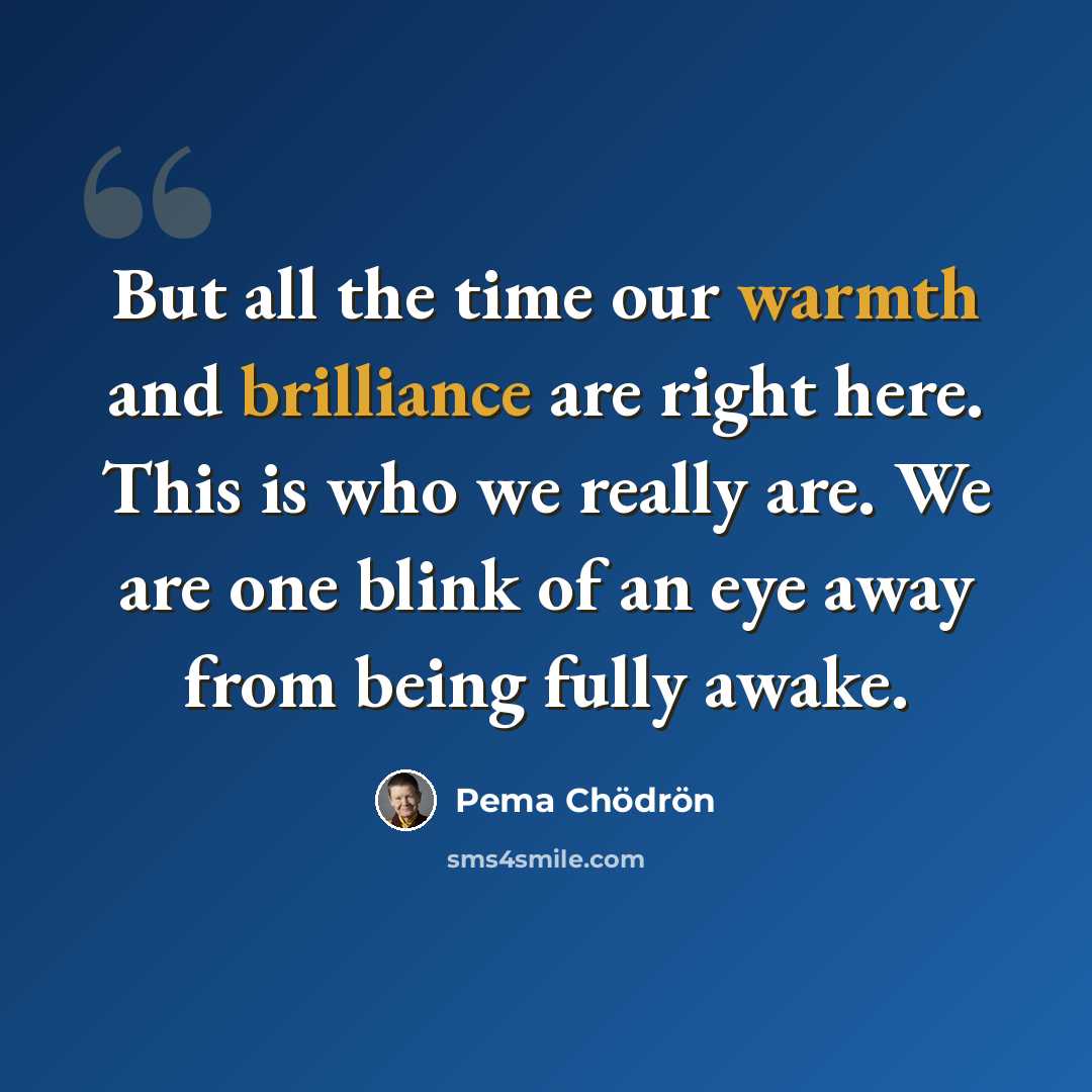 “But all the time our warmth and brilliance are right here. This is who we really are. We are one blink of an eye away from being fully awake.” quote by Pema Chodron