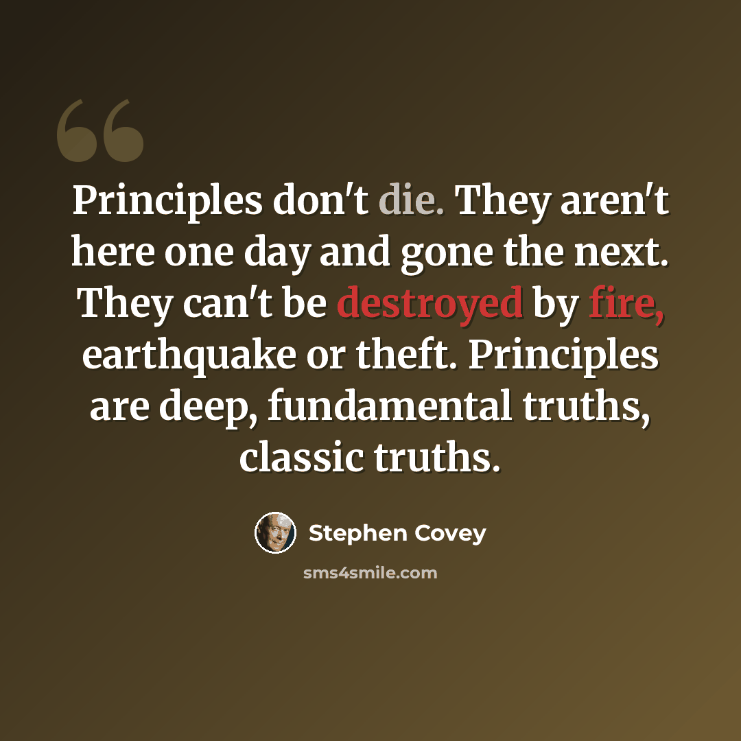 “Principles don't die. They aren't here one day and gone the next. They can't be destroyed by fire, earthquake or theft. Principles are deep, fundamental truths, classic truths.” quote by Stephen Covey