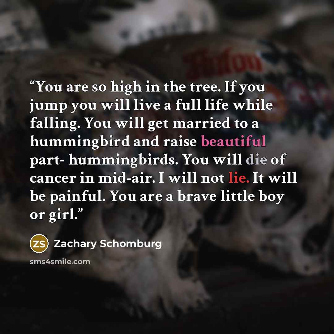 “You are so high in the tree. If you jump you will live a full life while falling. You will get married to a hummingbird and raise beautiful part- hummingbirds. You will die of cancer in mid-air. I will not lie. It will be painful. You are a brave little boy or girl.” quote by Zachary Schomburg