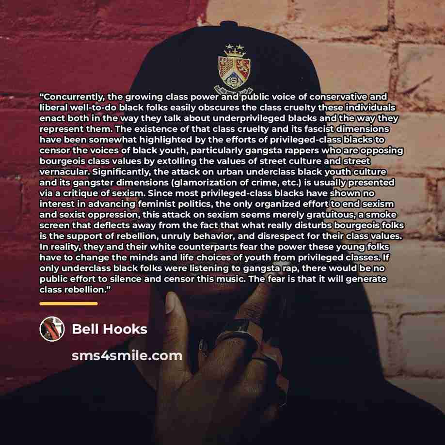 “Concurrently, the growing class power and public voice of conservative and liberal well-to-do black folks easily obscures the class cruelty these individuals enact both in the way they talk about underprivileged blacks and the way they represent them. The existence of that class cruelty and its…” quote by bell hooks