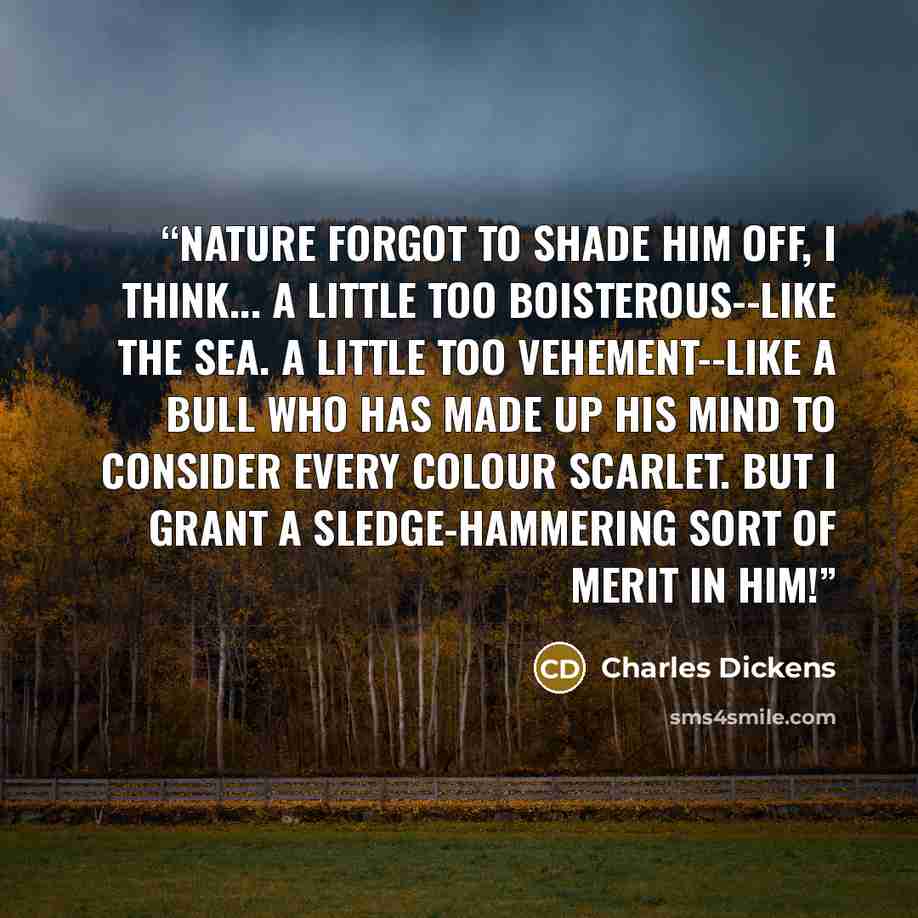 “Nature forgot to shade him off, I think... A little too boisterous--like the sea. A little too vehement--like a bull who has made up his mind to consider every colour scarlet. But I grant a sledge-hammering sort of merit in him!” quote by Charles Dickens