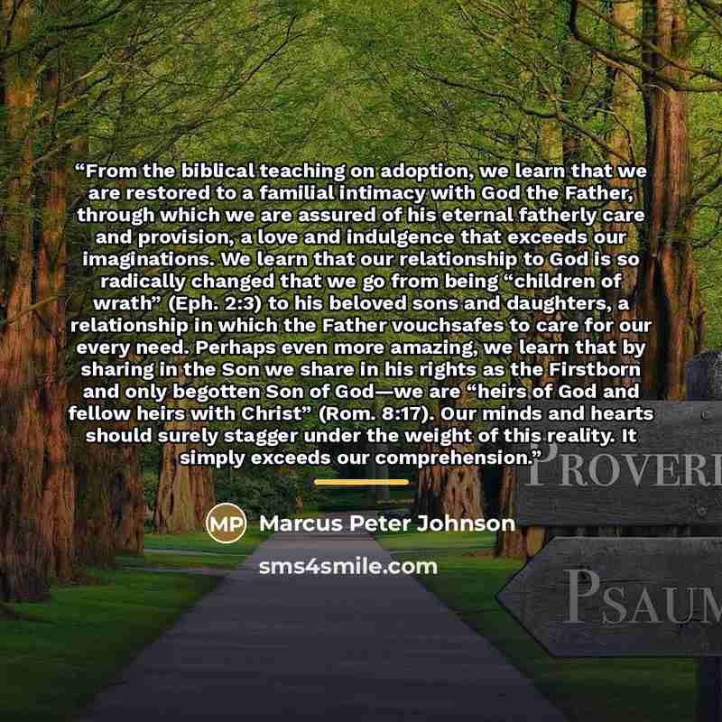 “From the biblical teaching on adoption, we learn that we are restored to a familial intimacy with God the Father, through which we are assured of his eternal fatherly care and provision, a love and indulgence that exceeds our imaginations. We learn that our relationship to God is so radically…” quote by Marcus Peter Johnson