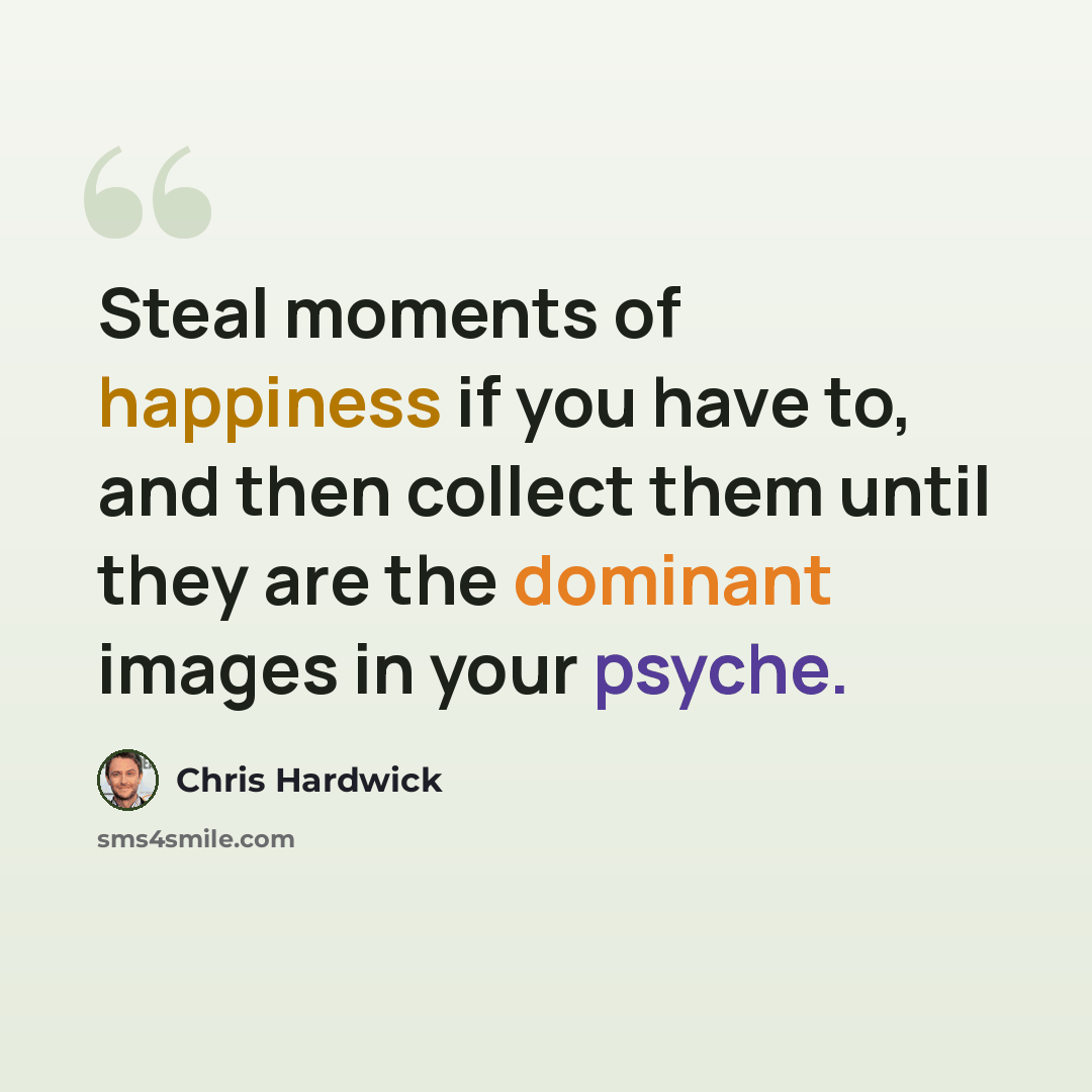 “Steal moments of happiness if you have to, and then collect them until they are the dominant images in your psyche.” quote by Chris Hardwick
