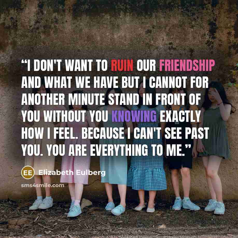 “I don't want to ruin our friendship and what we have but I cannot for another minute stand in front of you without you knowing exactly how I feel. Because I can't see past you. You are everything to me.” quote by Elizabeth Eulberg