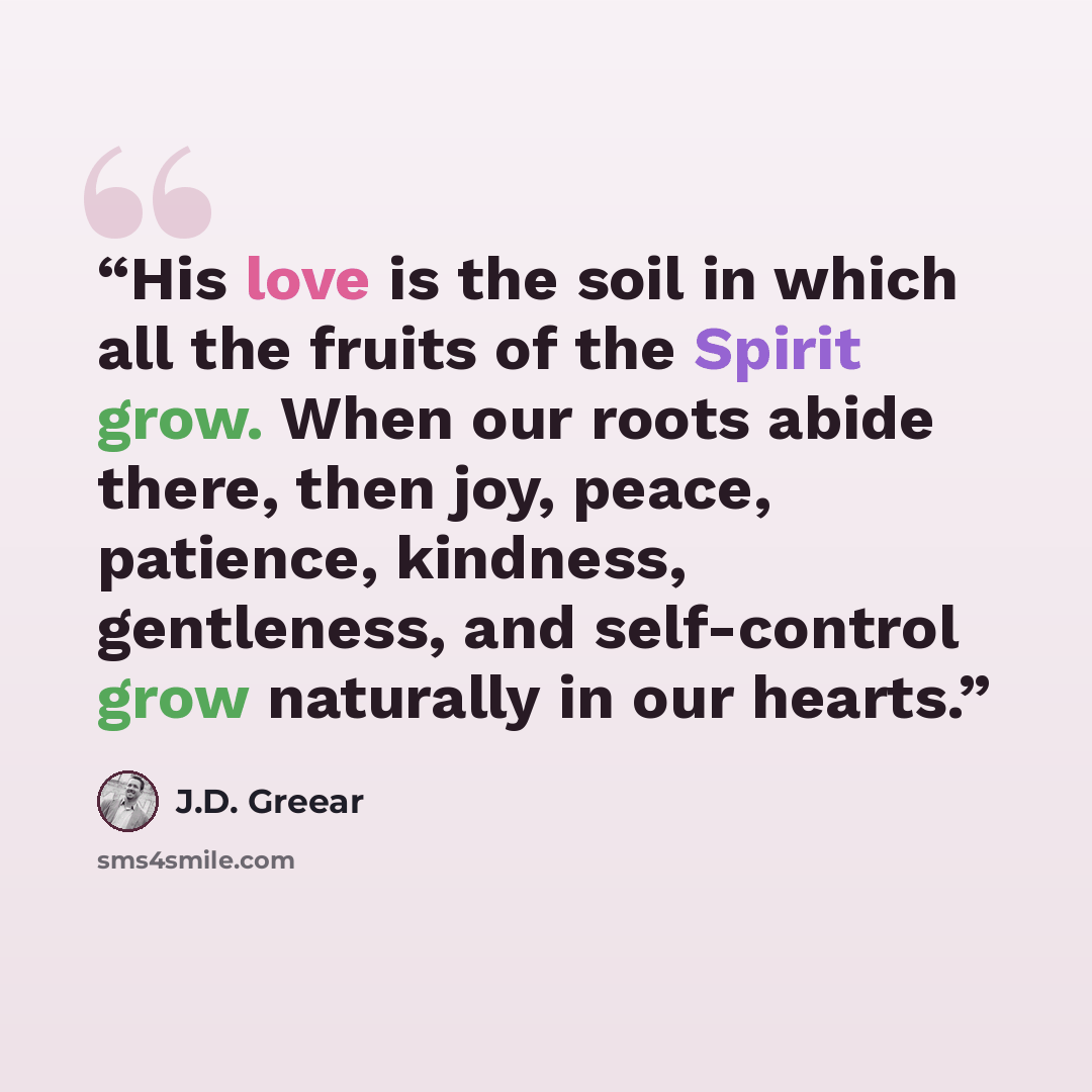 “His love is the soil in which all the fruits of the Spirit grow. When our roots abide there, then joy, peace, patience, kindness, gentleness, and self-control grow naturally in our hearts.” quote by J.D. Greear