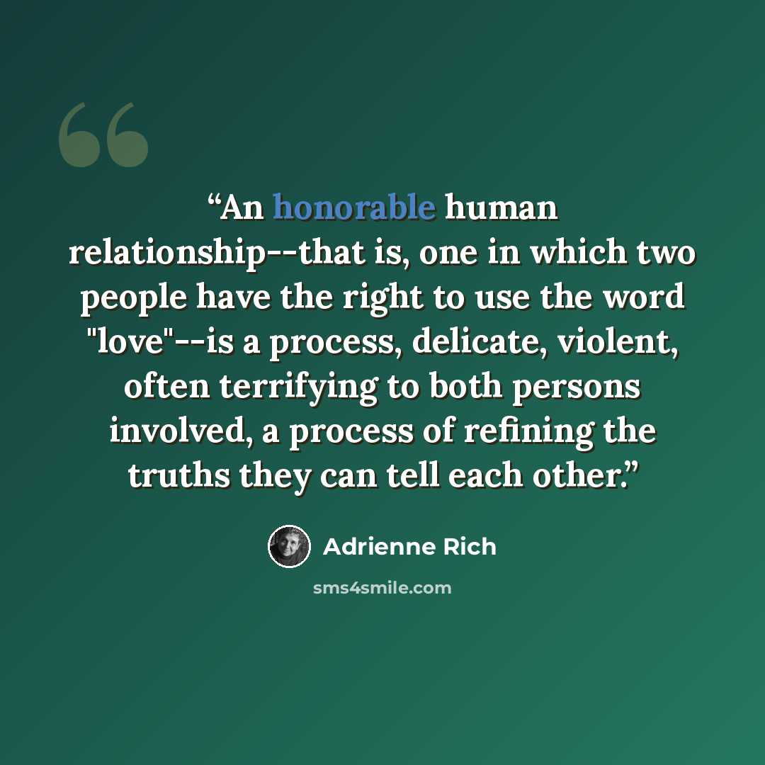 “An honorable human relationship--that is, one in which two people have the right to use the word "love"--is a process, delicate, violent, often terrifying to both persons involved, a process of refining the truths they can tell each other.” quote by Adrienne Rich