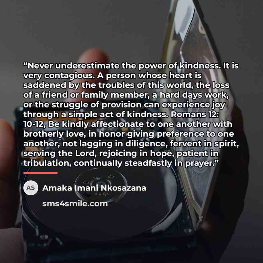 “Never underestimate the power of kindness. It is very contagious. A person whose heart is saddened by the troubles of this world, the loss of a friend or family member, a hard days work, or the struggle of provision can experience joy through a simple act of kindness. Romans 12: 10-12, Be kindly…” quote by Amaka Imani Nkosazana
