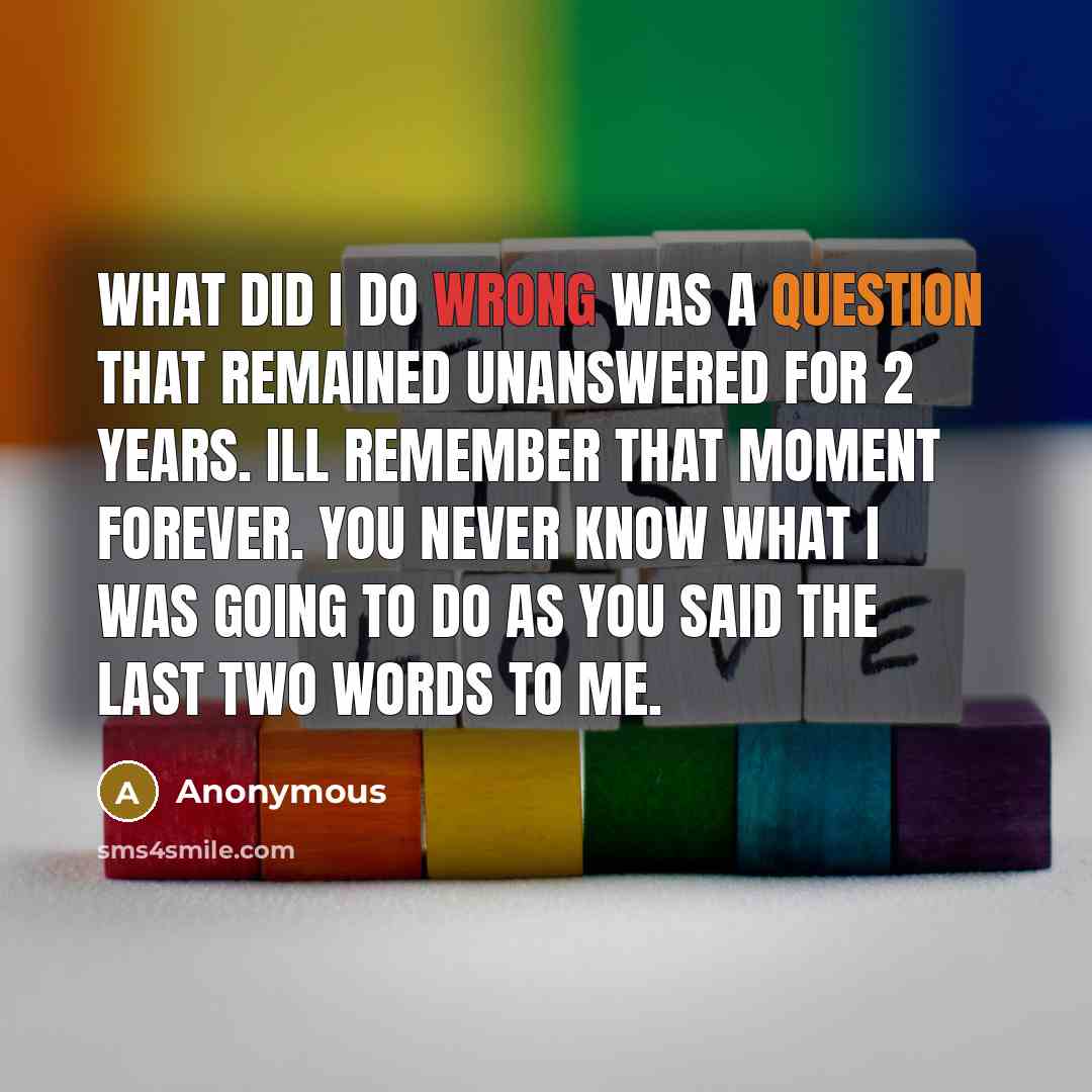 “What did I do wrong was a question that remained unanswered for 2 years. Ill remember that moment forever. You never know what I was going to do as you said the last two words to me.” quote by Anonymous