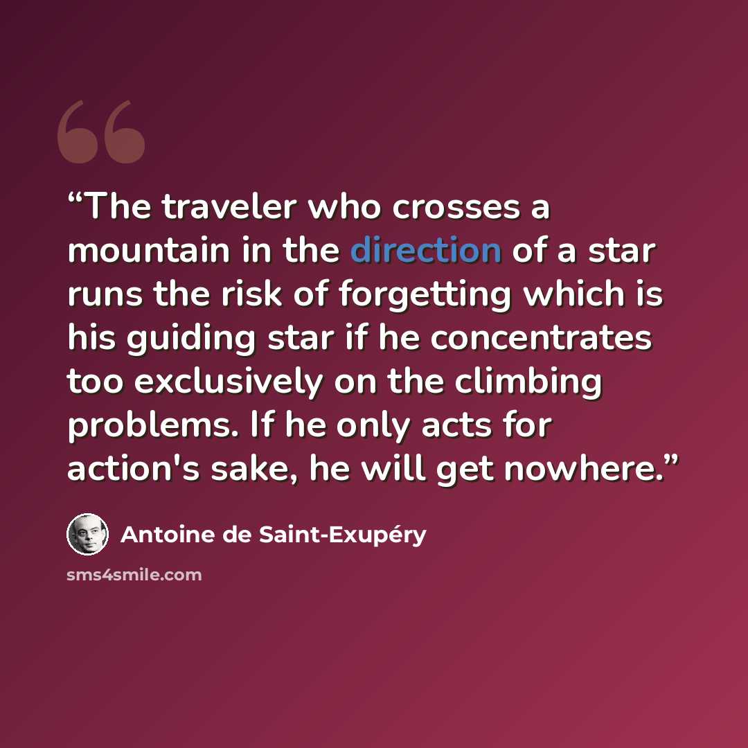 “The traveler who crosses a mountain in the direction of a star runs the risk of forgetting which is his guiding star if he concentrates too exclusively on the climbing problems. If he only acts for action's sake, he will get nowhere.” quote by Antoine de Saint-Exupéry