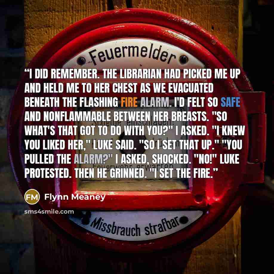 “I did remember. The librarian had picked me up and held me to her chest as we evacuated beneath the flashing fire alarm. I'd felt so safe and nonflammable between her breasts. "So what's that got to do with you?" I asked. "I knew you liked her," Luke said. "So I set that up." "You pulled the…” quote by Flynn Meaney