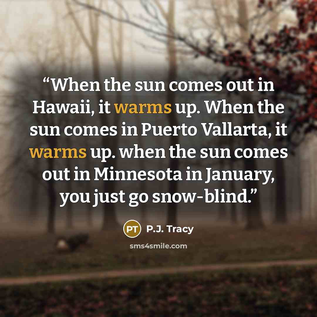 “When the sun comes out in Hawaii, it warms up. When the sun comes in Puerto Vallarta, it warms up. when the sun comes out in Minnesota in January, you just go snow-blind.” quote by P.J. Tracy