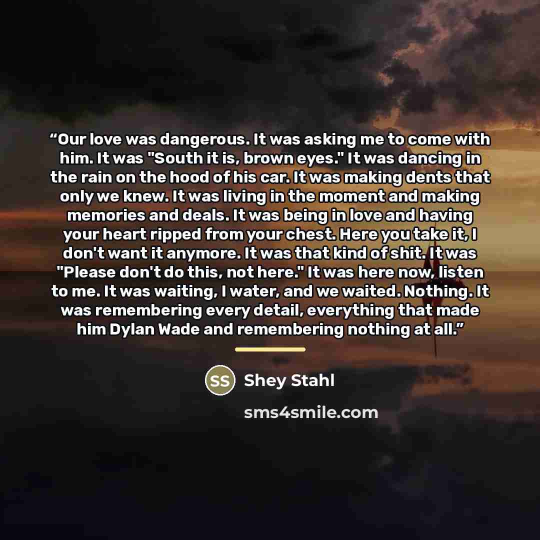 “Our love was dangerous. It was asking me to come with him. It was "South it is, brown eyes." It was dancing in the rain on the hood of his car. It was making dents that only we knew. It was living in the moment and making memories and deals. It was being in love and having your heart ripped from…” quote by Shey Stahl
