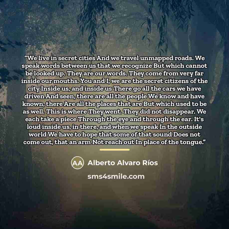 “We live in secret cities And we travel unmapped roads. We speak words between us that we recognize But which cannot be looked up. They are our words. They come from very far inside our mouths. You and I, we are the secret citizens of the city Inside us, and inside us There go all the cars we have…” quote by Alberto Alvaro Ríos