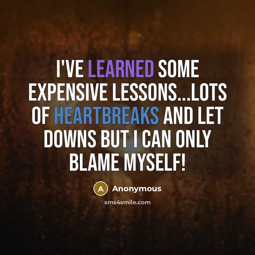 “I've learned some expensive lessons...Lots of heartbreaks and let downs but I can only blame myself!” quote by Anonymous