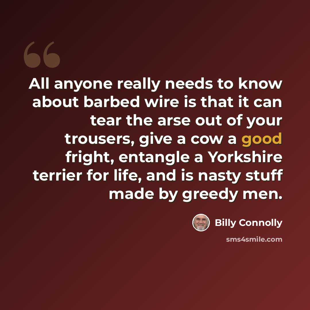 “All anyone really needs to know about barbed wire is that it can tear the arse out of your trousers, give a cow a good fright, entangle a Yorkshire terrier for life, and is nasty stuff made by greedy men.” quote by Billy Connolly