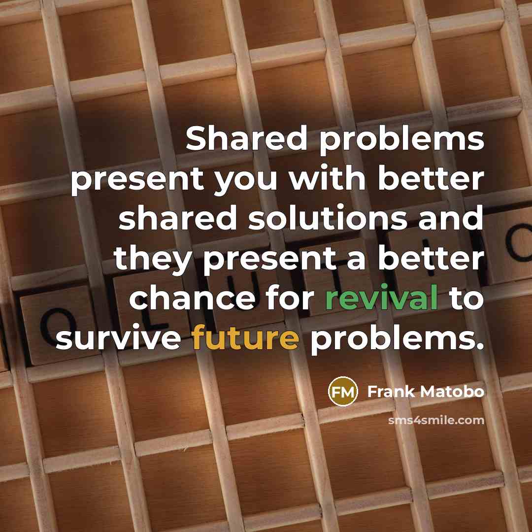 “Shared problems present you with better shared solutions and they present a better chance for revival to survive future problems.” quote by Frank Matobo