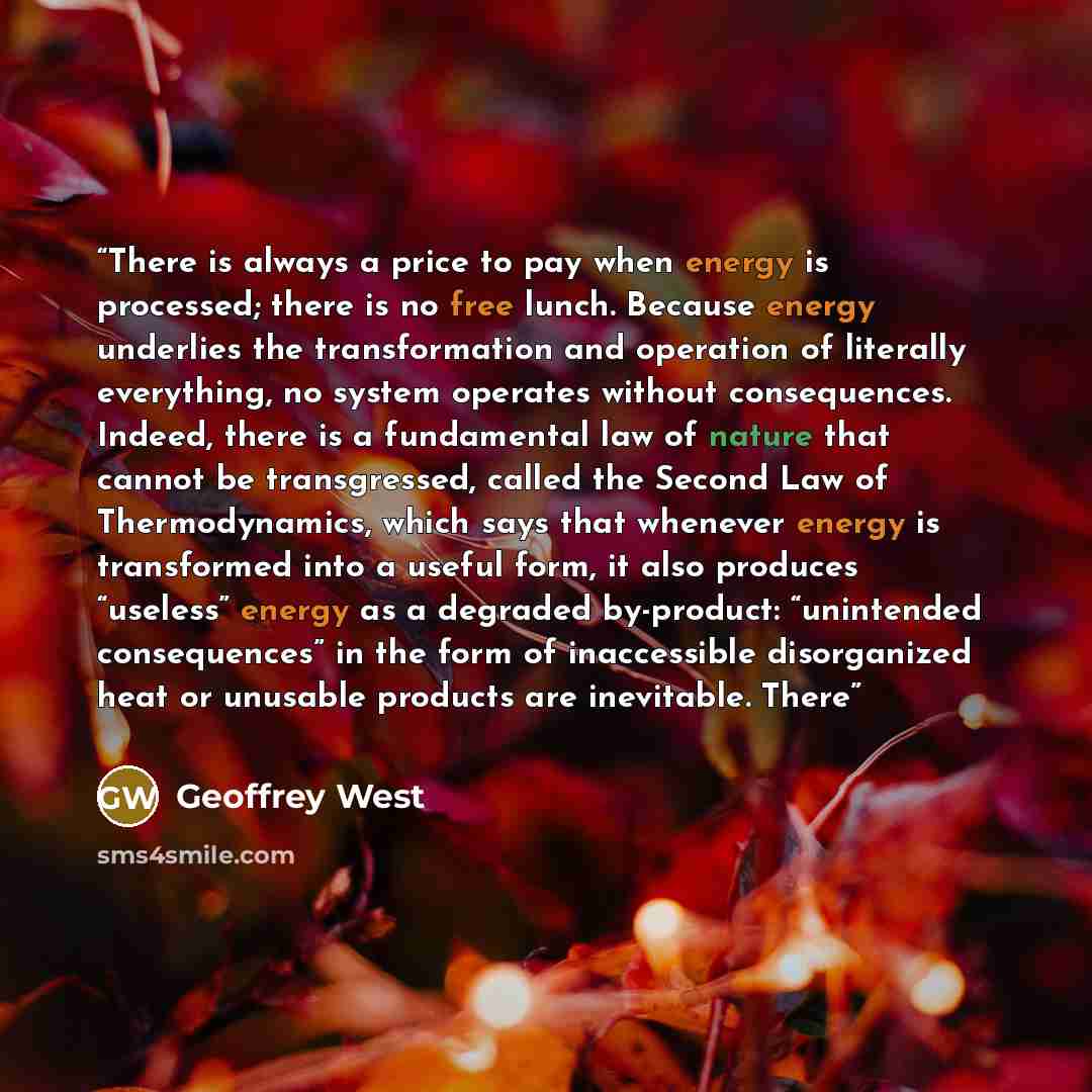 “There is always a price to pay when energy is processed; there is no free lunch. Because energy underlies the transformation and operation of literally everything, no system operates without consequences. Indeed, there is a fundamental law of nature that cannot be transgressed, called the Second…” quote by Geoffrey West