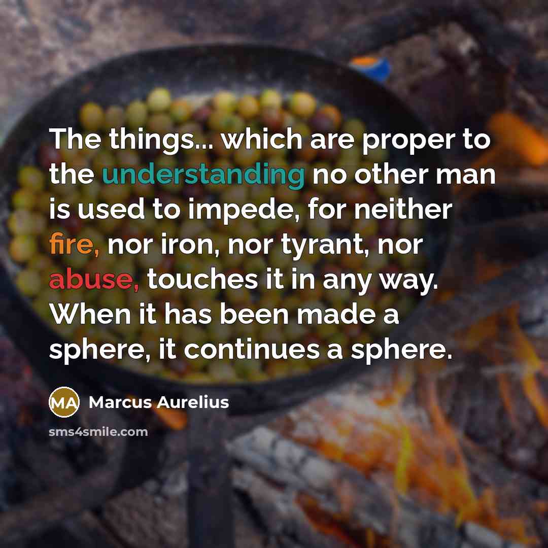 “The things... which are proper to the understanding no other man is used to impede, for neither fire, nor iron, nor tyrant, nor abuse, touches it in any way. When it has been made a sphere, it continues a sphere.” quote by Marcus Aurelius