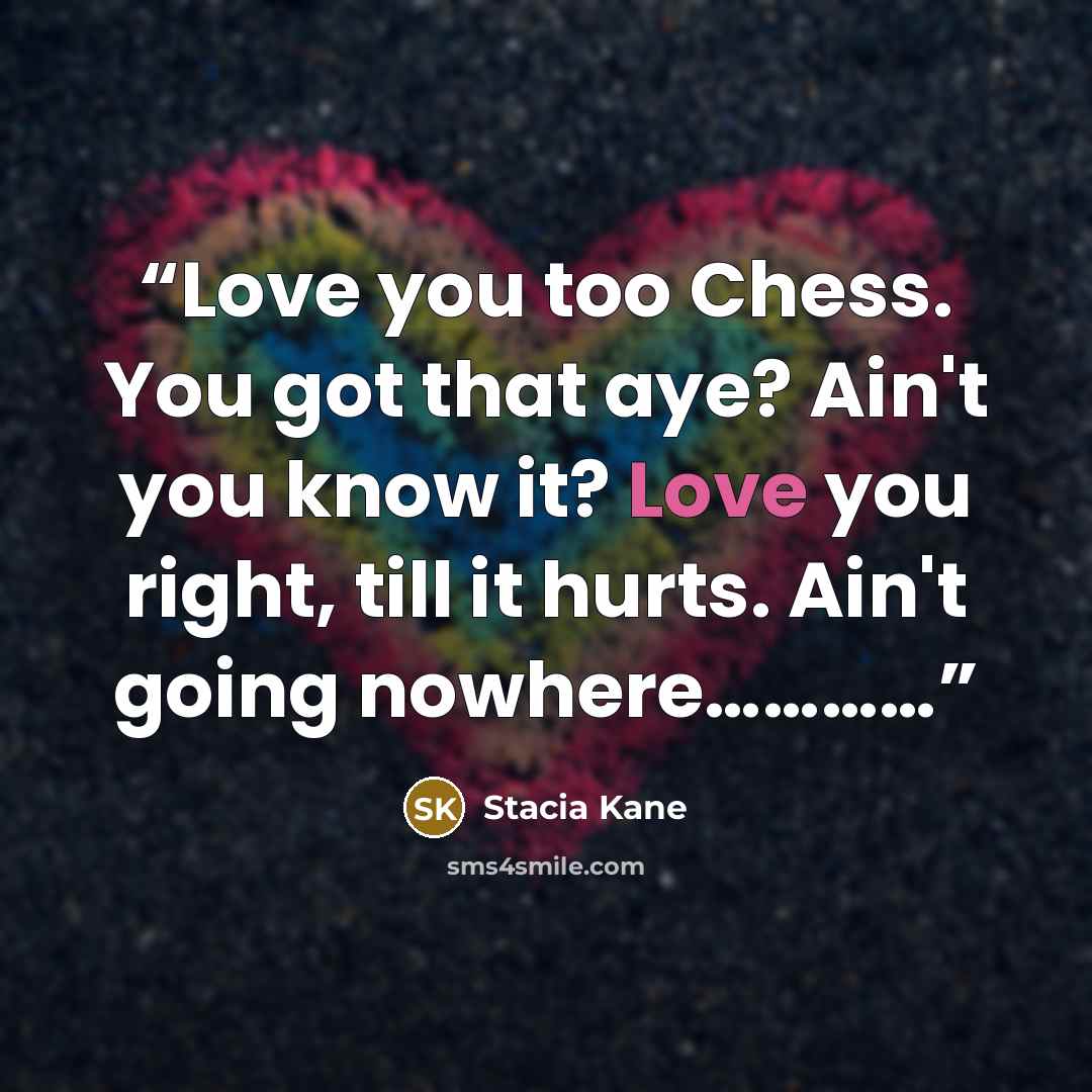 “Love you too Chess. You got that aye? Ain't you know it? Love you right, till it hurts. Ain't going nowhere…………” quote by Stacia Kane