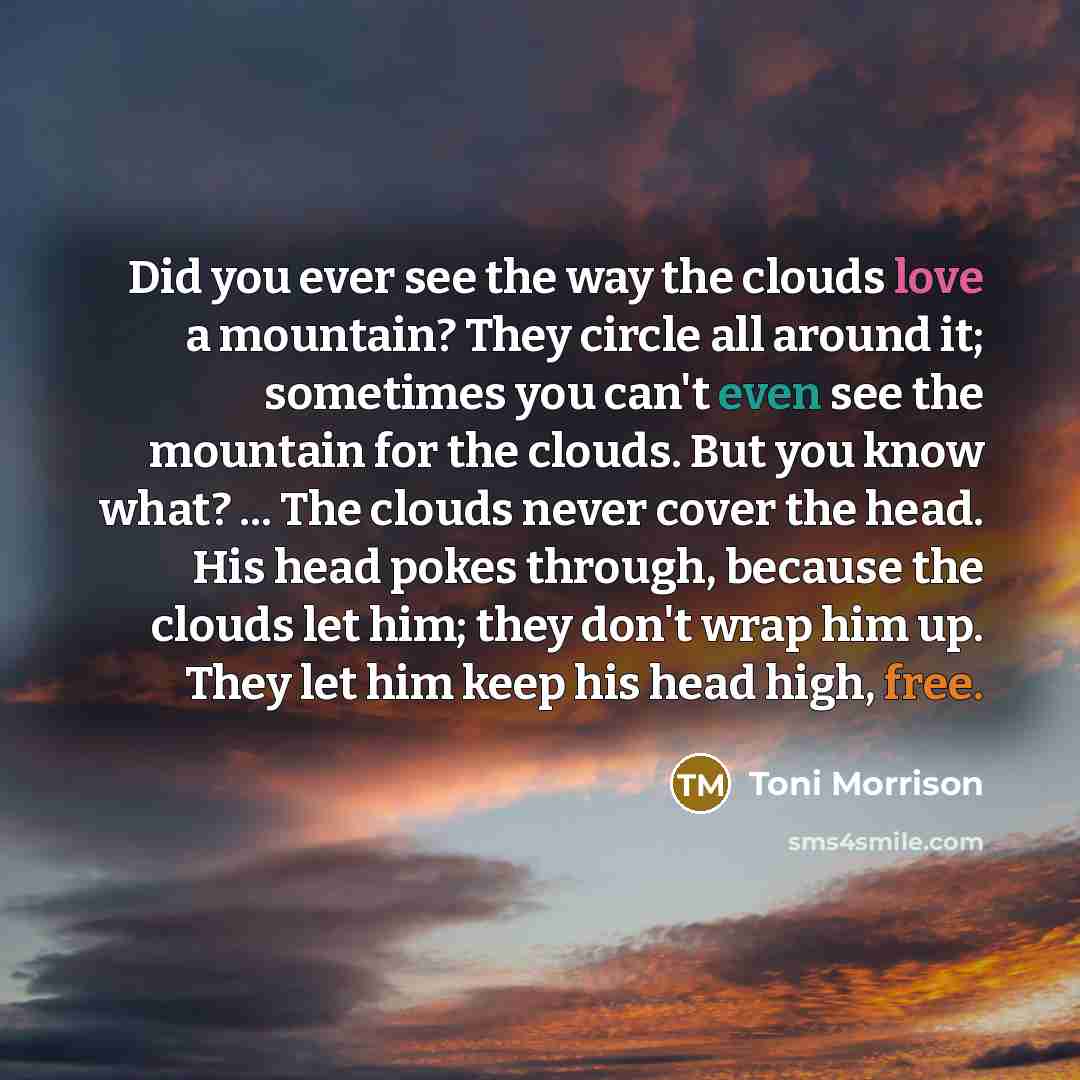 “Did you ever see the way the clouds love a mountain? They circle all around it; sometimes you can't even see the mountain for the clouds. But you know what? ... The clouds never cover the head. His head pokes through, because the clouds let him; they don't wrap him up. They let him keep his head…” quote by Toni Morrison
