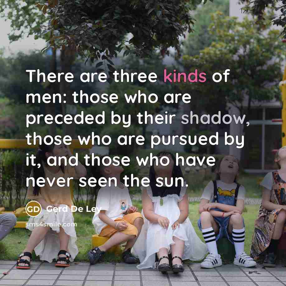 “There are three kinds of men: those who are preceded by their shadow, those who are pursued by it, and those who have never seen the sun.” quote by Gerd De Ley