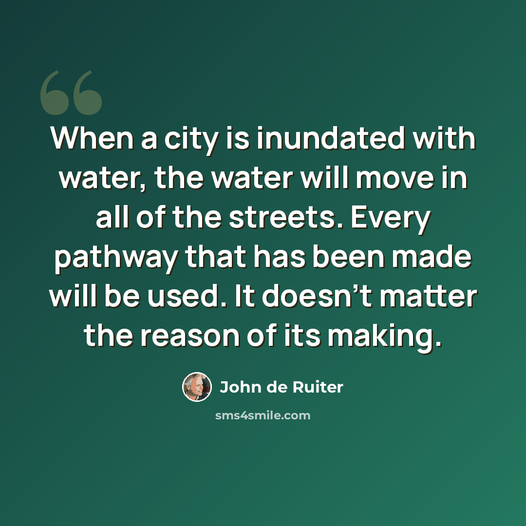 “When a city is inundated with water, the water will move in all of the streets. Every pathway that has been made will be used. It doesn’t matter the reason of its making.” quote by John de Ruiter