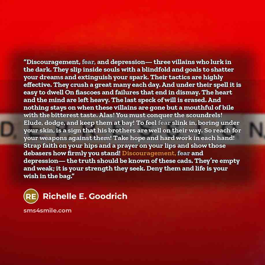 “Discouragement, fear, and depression— three villains who lurk in the dark. They slip inside souls with a blindfold and goals to shatter your dreams and extinguish your spark. Their tactics are highly effective. They crush a great many each day. And under their spell it is easy to dwell On fiascoes…” quote by Richelle E. Goodrich