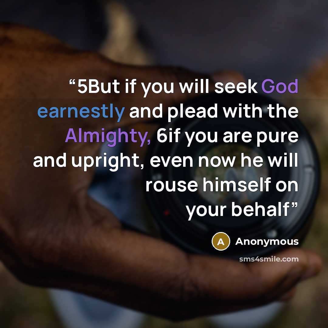 “5But if you will seek God earnestly and plead with the Almighty, 6if you are pure and upright, even now he will rouse himself on your behalf” quote by Anonymous