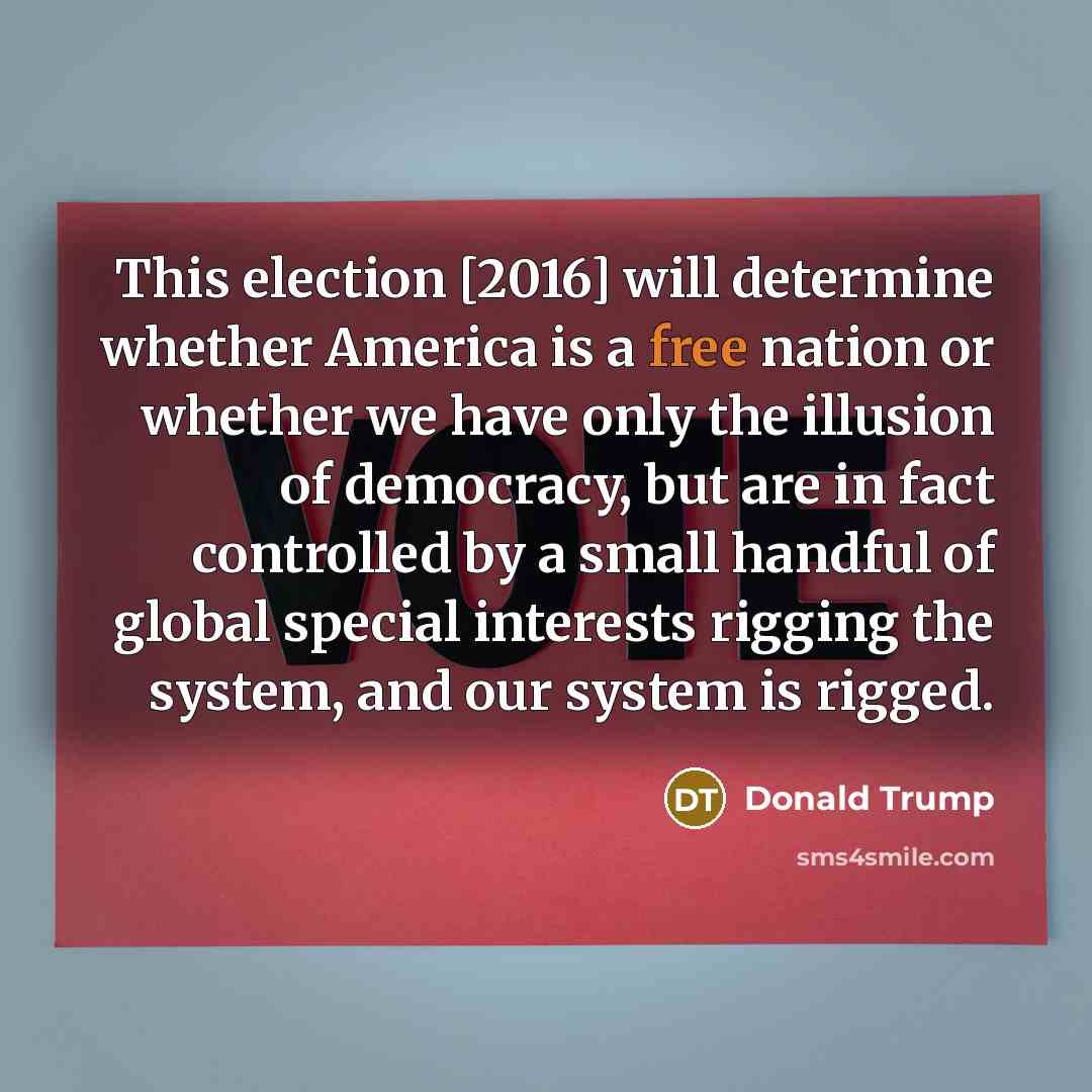 “This election [2016] will determine whether America is a free nation or whether we have only the illusion of democracy, but are in fact controlled by a small handful of global special interests rigging the system, and our system is rigged.” quote by Donald Trump