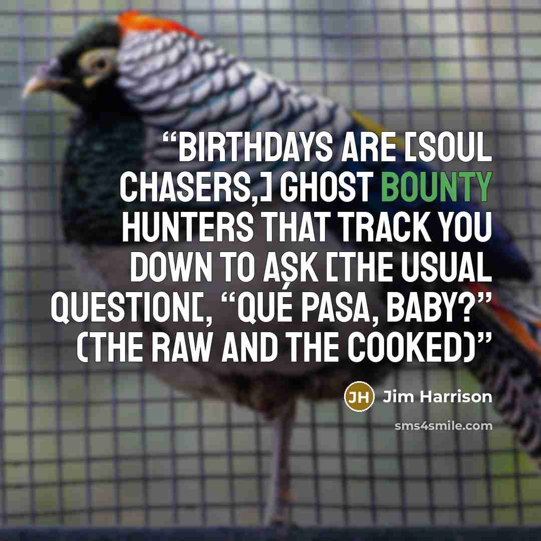 “Birthdays are [soul chasers,] ghost bounty hunters that track you down to ask [the usual question[, “Qué pasa, baby?” (The Raw and the Cooked)” quote by Jim Harrison