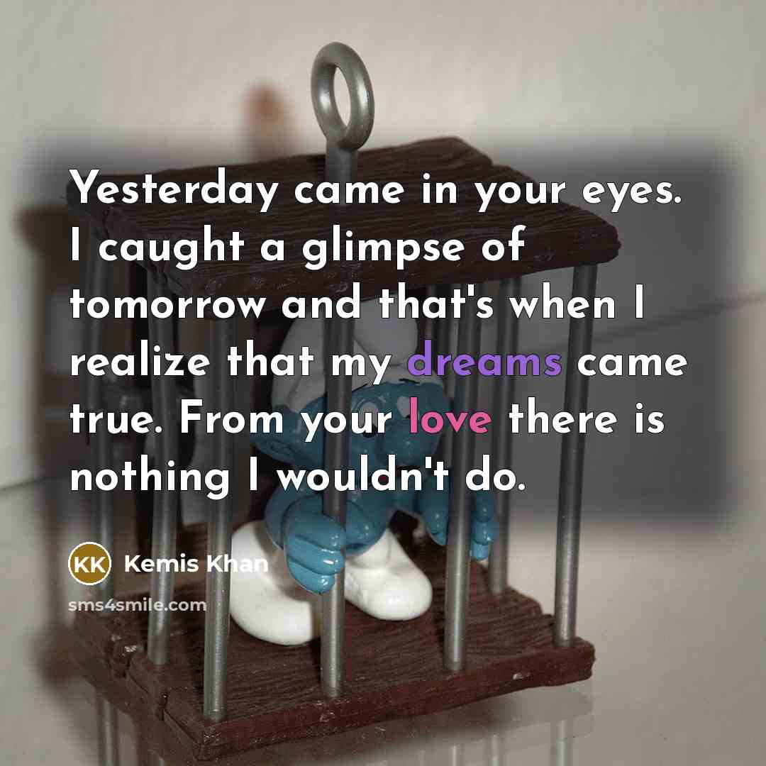 “Yesterday came in your eyes. I caught a glimpse of tomorrow and that's when I realize that my dreams came true. From your love there is nothing I wouldn't do.” quote by Kemis Khan