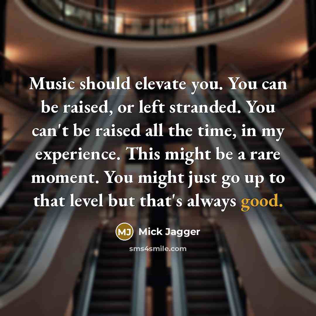 “Music should elevate you. You can be raised, or left stranded. You can't be raised all the time, in my experience. This might be a rare moment. You might just go up to that level but that's always good.” quote by Mick Jagger