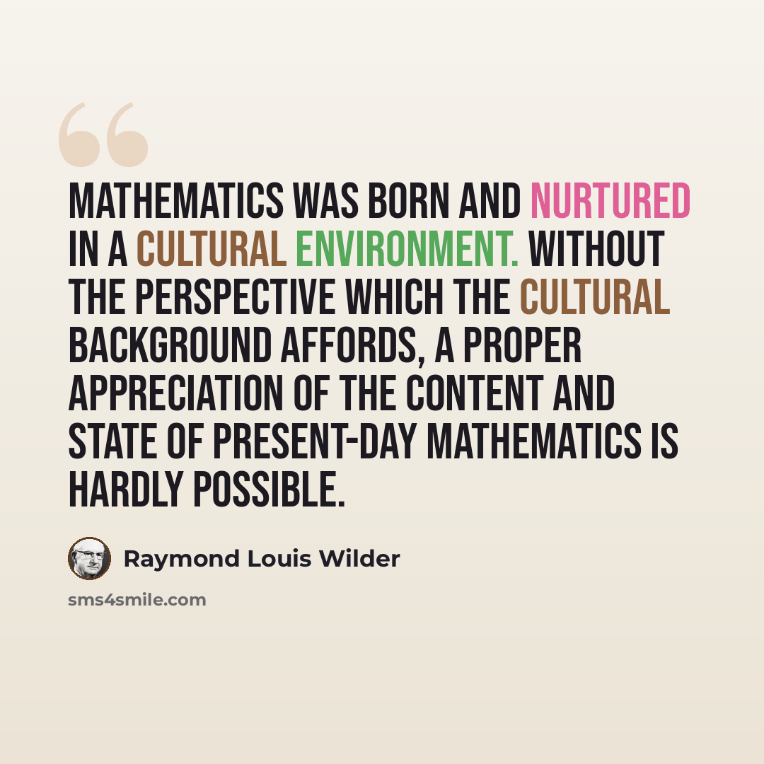 “Mathematics was born and nurtured in a cultural environment. Without the perspective which the cultural background affords, a proper appreciation of the content and state of present-day mathematics is hardly possible.” quote by Raymond Louis Wilder