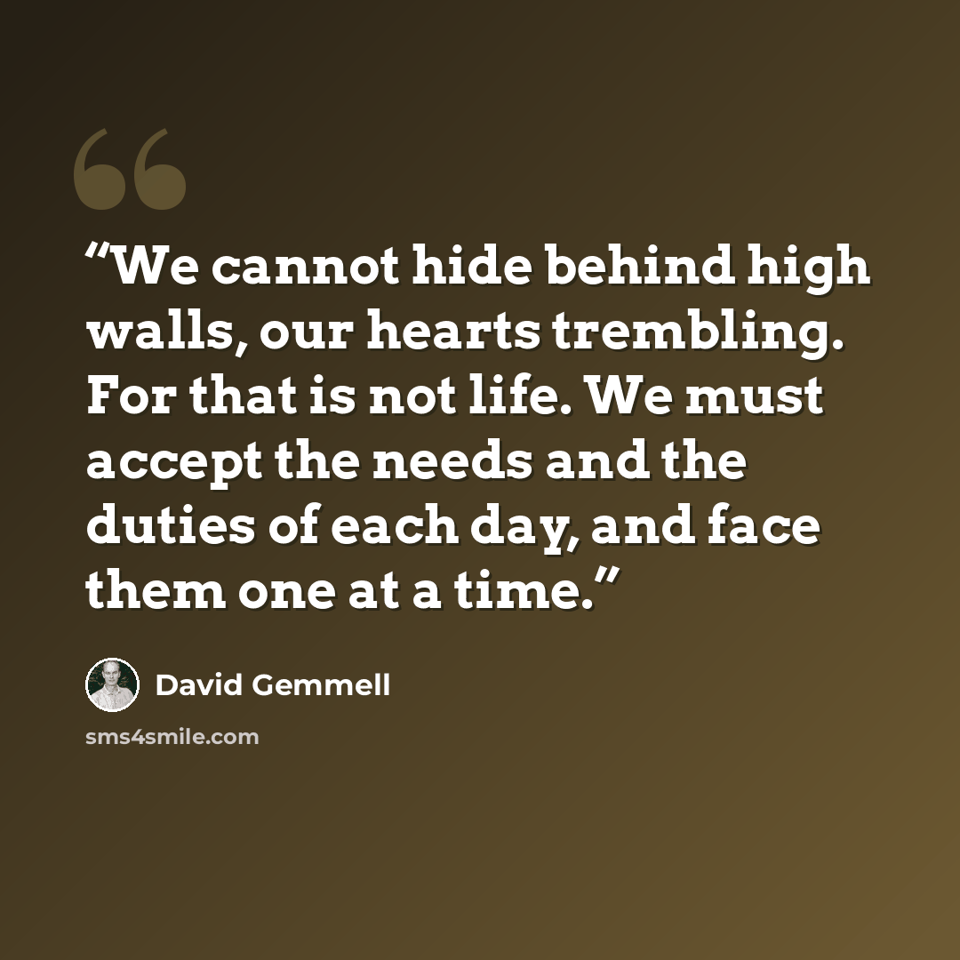 “We cannot hide behind high walls, our hearts trembling. For that is not life. We must accept the needs and the duties of each day, and face them one at a time.” quote by David Gemmell