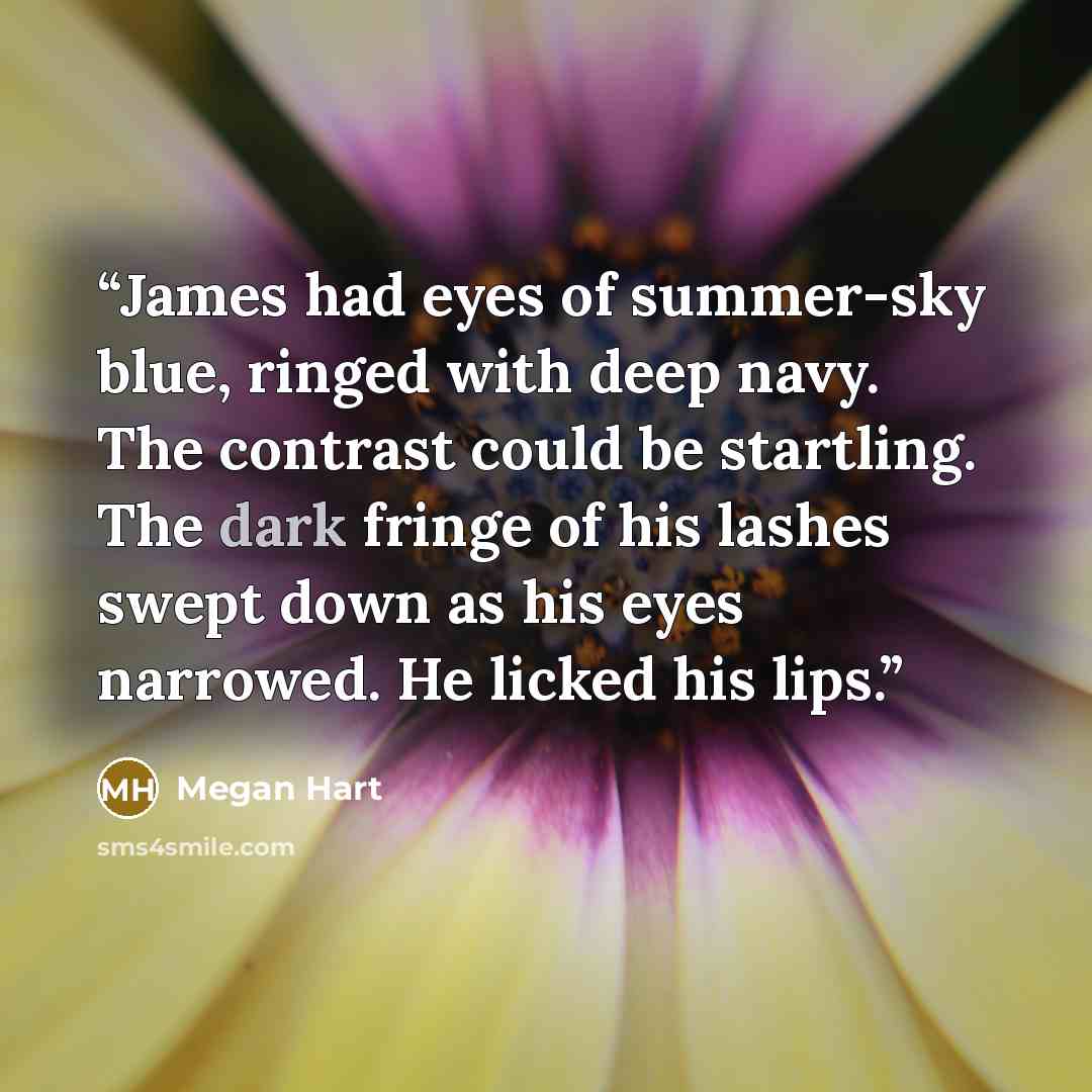 “James had eyes of summer-sky blue, ringed with deep navy. The contrast could be startling. The dark fringe of his lashes swept down as his eyes narrowed. He licked his lips.” quote by Megan Hart