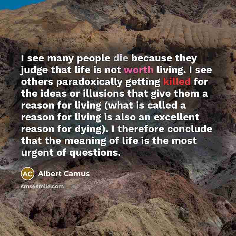 “I see many people die because they judge that life is not worth living. I see others paradoxically getting killed for the ideas or illusions that give them a reason for living (what is called a reason for living is also an excellent reason for dying). I therefore conclude that the meaning of life…” quote by Albert Camus
