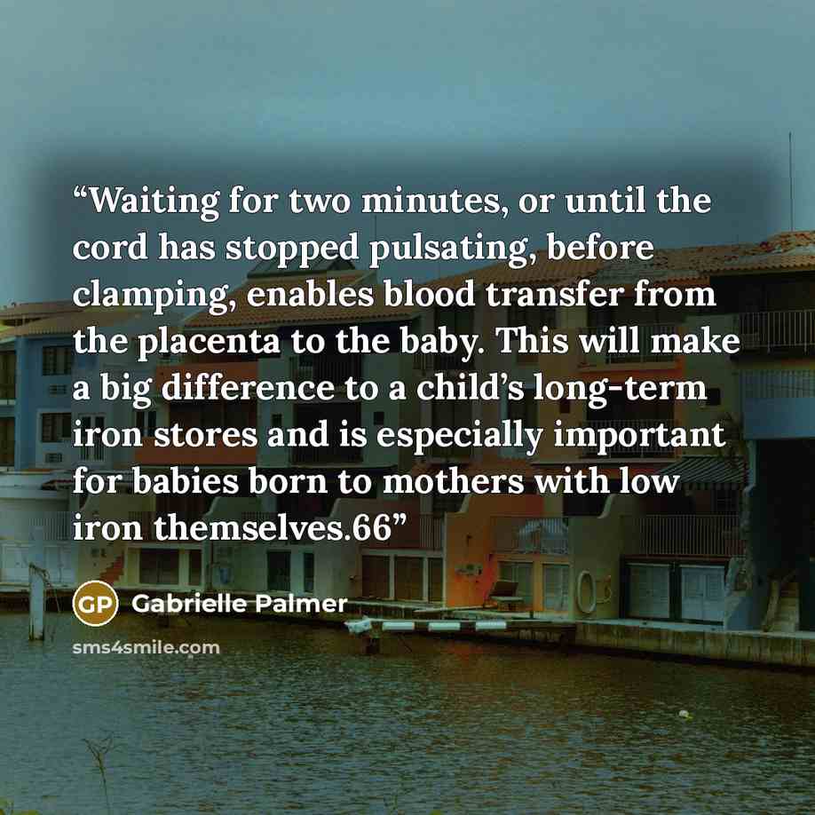 “Waiting for two minutes, or until the cord has stopped pulsating, before clamping, enables blood transfer from the placenta to the baby. This will make a big difference to a child’s long-term iron stores and is especially important for babies born to mothers with low iron themselves.66” quote by Gabrielle Palmer