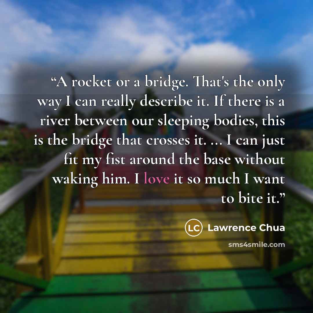 “A rocket or a bridge. That's the only way I can really describe it. If there is a river between our sleeping bodies, this is the bridge that crosses it. ... I can just fit my fist around the base without waking him. I love it so much I want to bite it.” quote by Lawrence Chua