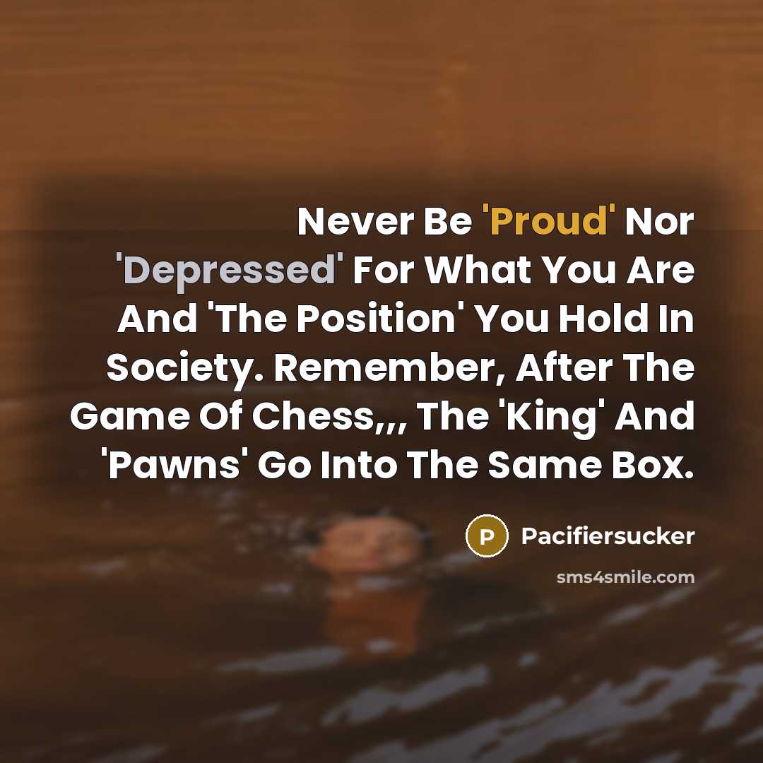 “Never Be 'Proud' Nor 'Depressed' For What You Are And 'The Position' You Hold In Society. Remember, After The Game Of Chess,,, The 'King' And 'Pawns' Go Into The Same Box.” quote by Pacifiersucker