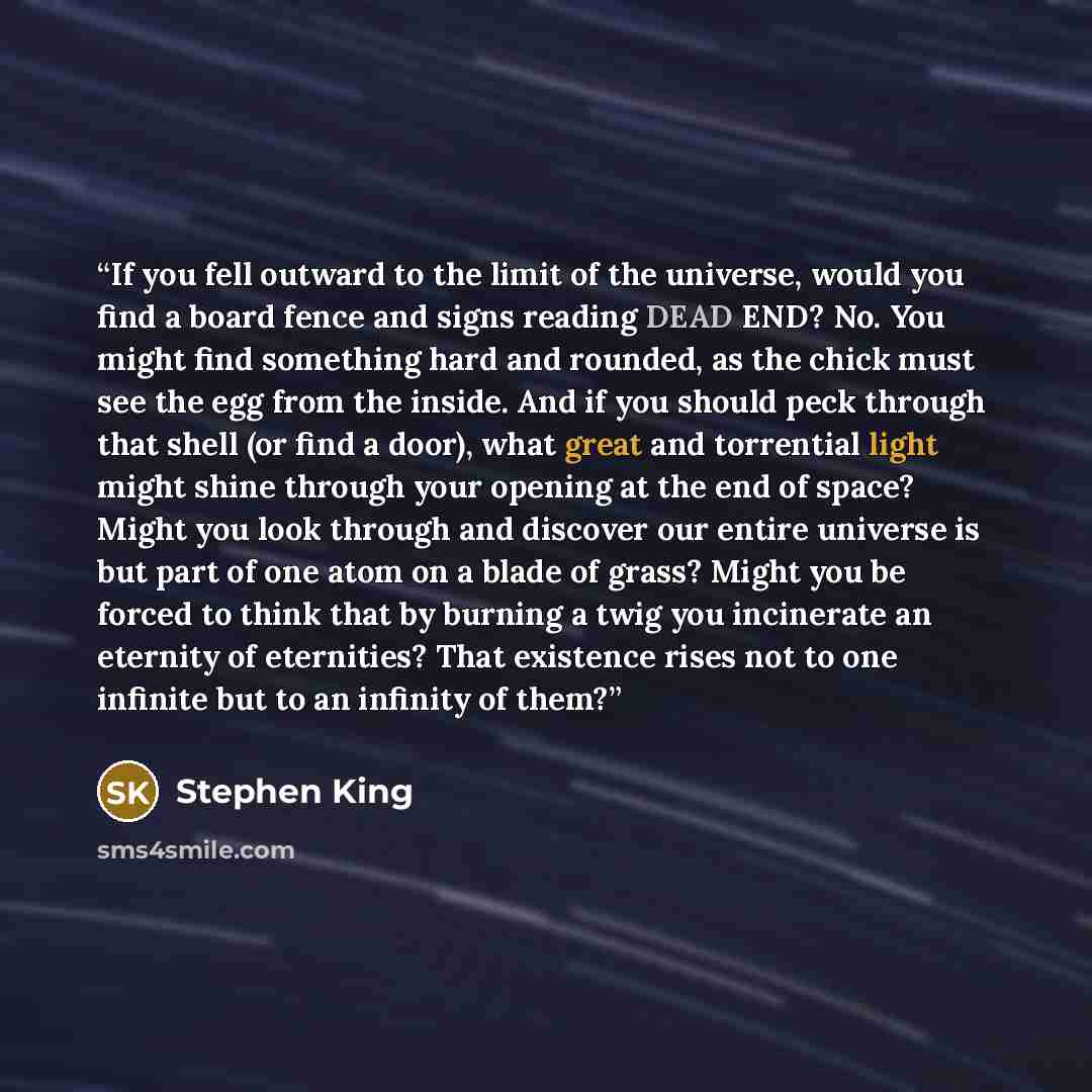 “If you fell outward to the limit of the universe, would you find a board fence and signs reading DEAD END? No. You might find something hard and rounded, as the chick must see the egg from the inside. And if you should peck through that shell (or find a door), what great and torrential light might…” quote by Stephen King