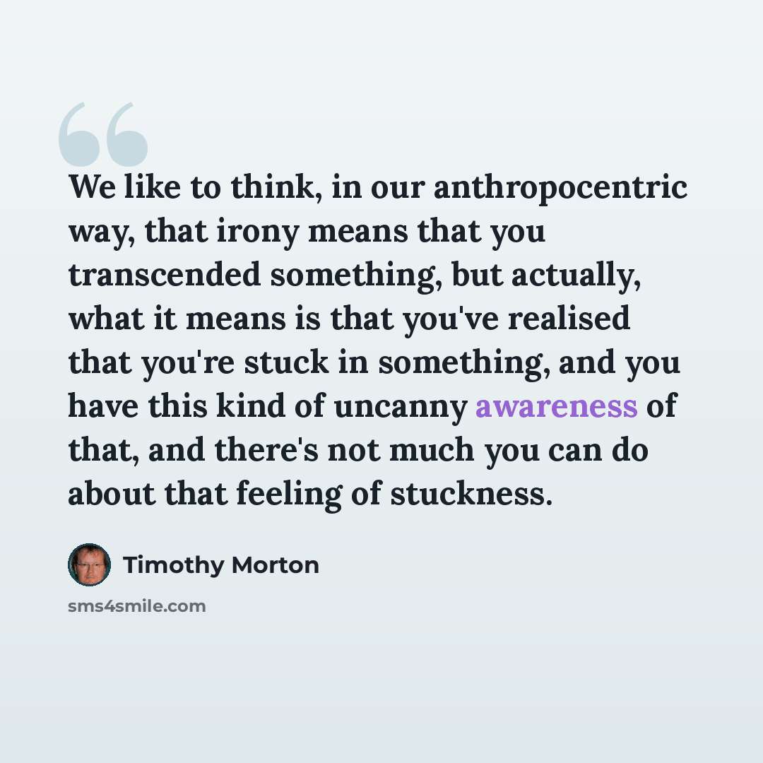 “We like to think, in our anthropocentric way, that irony means that you transcended something, but actually, what it means is that you've realised that you're stuck in something, and you have this kind of uncanny awareness of that, and there's not much you can do about that feeling of stuckness.” quote by Timothy Morton