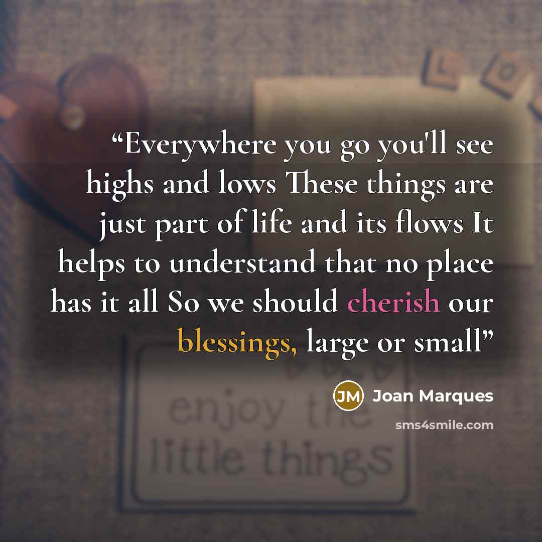 “Everywhere you go you'll see highs and lows These things are just part of life and its flows It helps to understand that no place has it all So we should cherish our blessings, large or small” quote by Joan Marques