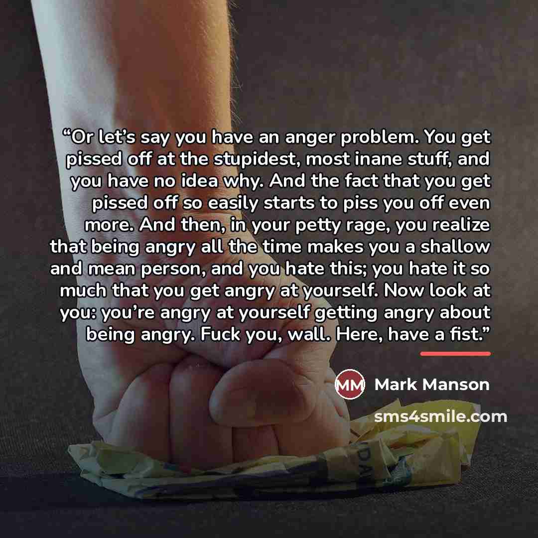 “Or let’s say you have an anger problem. You get pissed off at the stupidest, most inane stuff, and you have no idea why. And the fact that you get pissed off so easily starts to piss you off even more. And then, in your petty rage, you realize that being angry all the time makes you a shallow and…” quote by Mark Manson